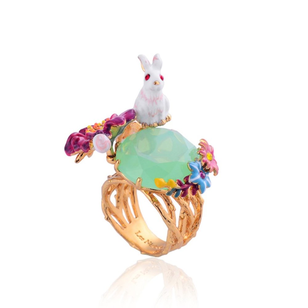 Les Nereides Rabbit And Flower On Faceted Glass Ring Size 8